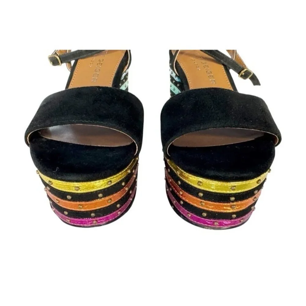 Kurt Geiger Women's Sz 35  Shoreditch Platform Wedge Sandals Rainbow Stripe Lthr